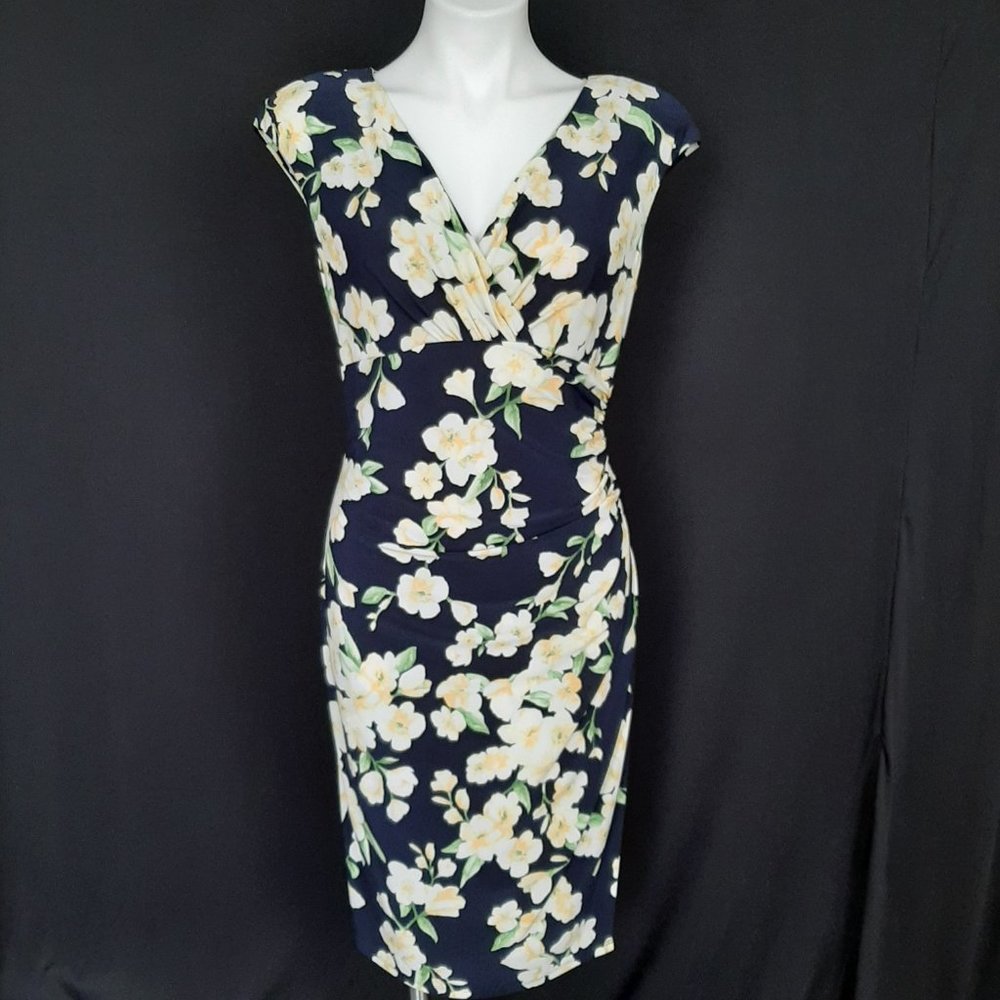 Ralph Lauren Side Shirred Floral Yellow and Navy Dress - Picture 7 of 10